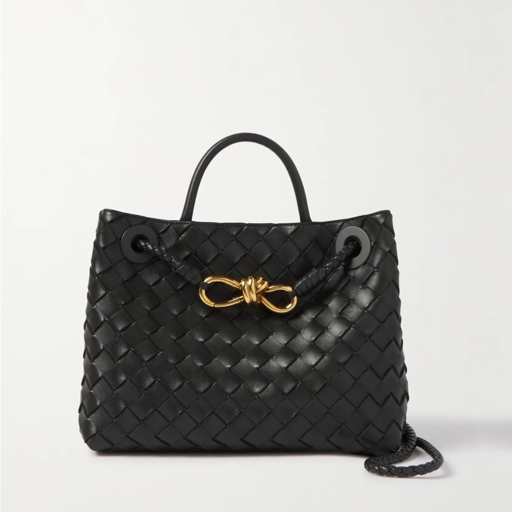 NEW! Black Leather Woven Small Tote Bag with Gold Accent